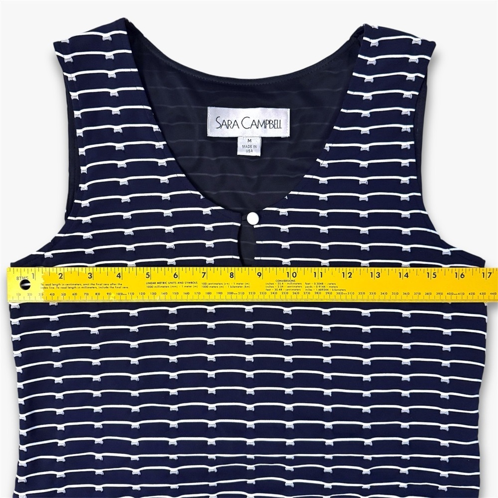 Sara Campbell Navy Stripe Shift Dress Tassel Fringe Hem Fully Lined Stretch M - Picture 6 of 13